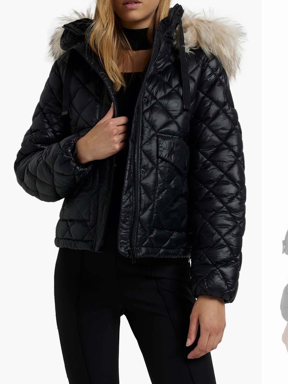 River Island Black Quilted Hooded Puffer Jacket with Faux-Fur Trim
